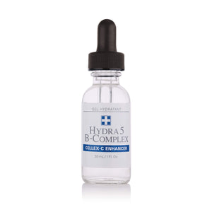 Cellex-C Hydra 5 B-Complex bottle in focus for daily skin care