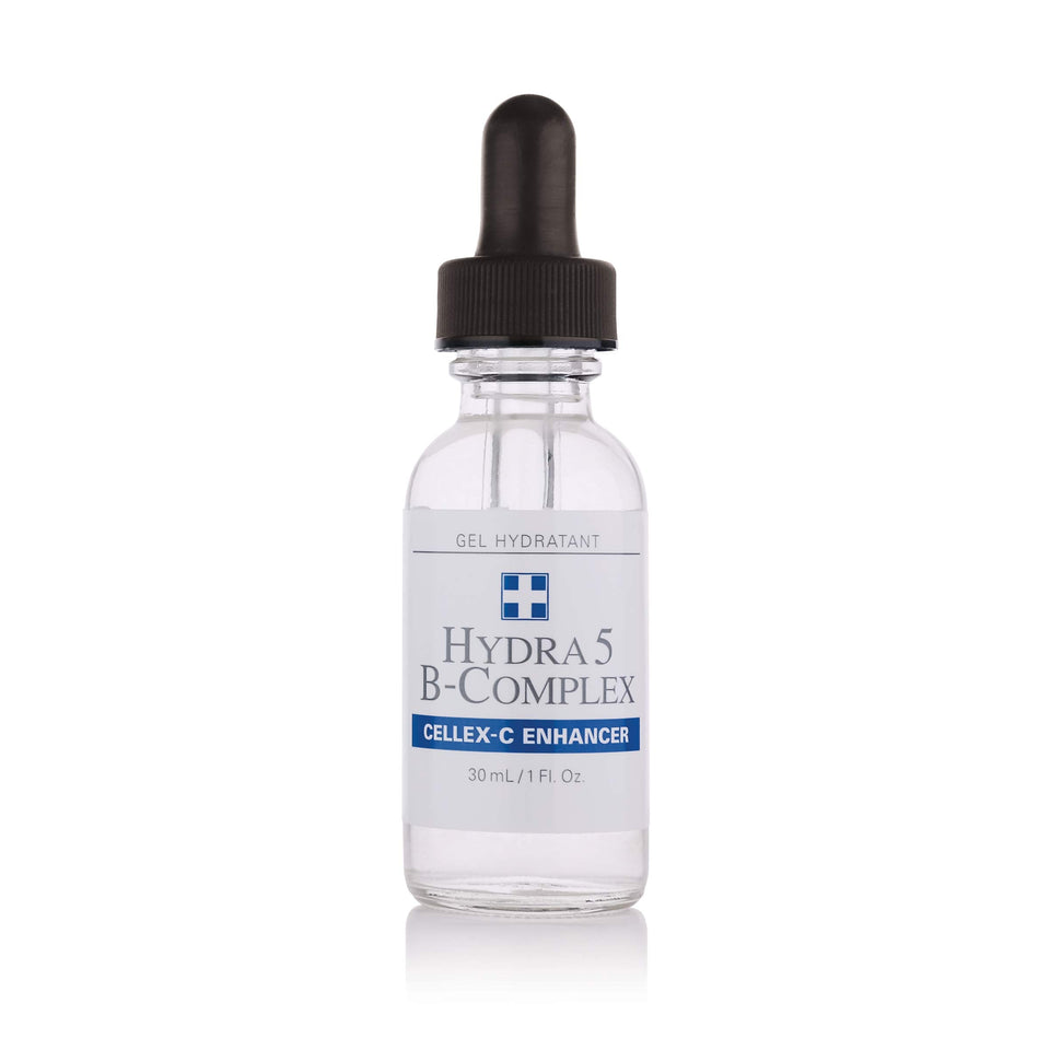Cellex-C Hydra 5 B-Complex bottle in focus for daily skin care