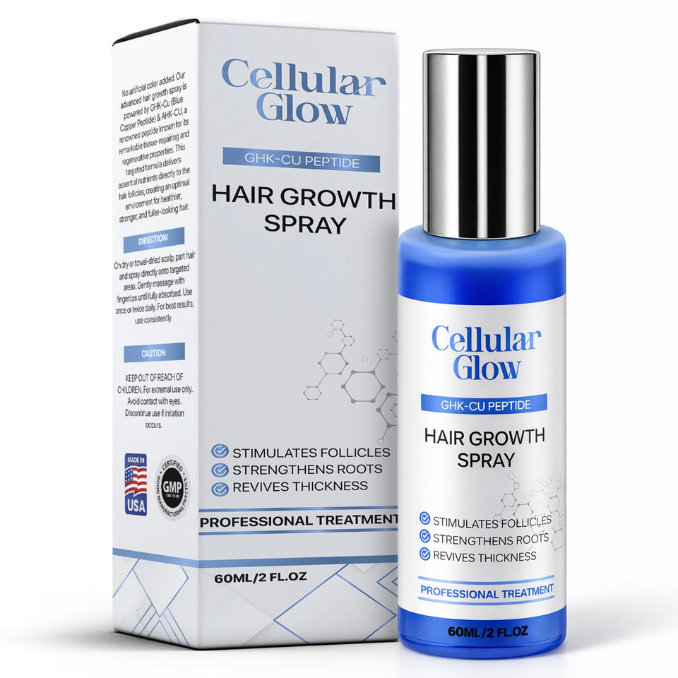 Cellular Glow Copper Peptide Hair Serum Spray bottle close-up shows lightweight hydration.