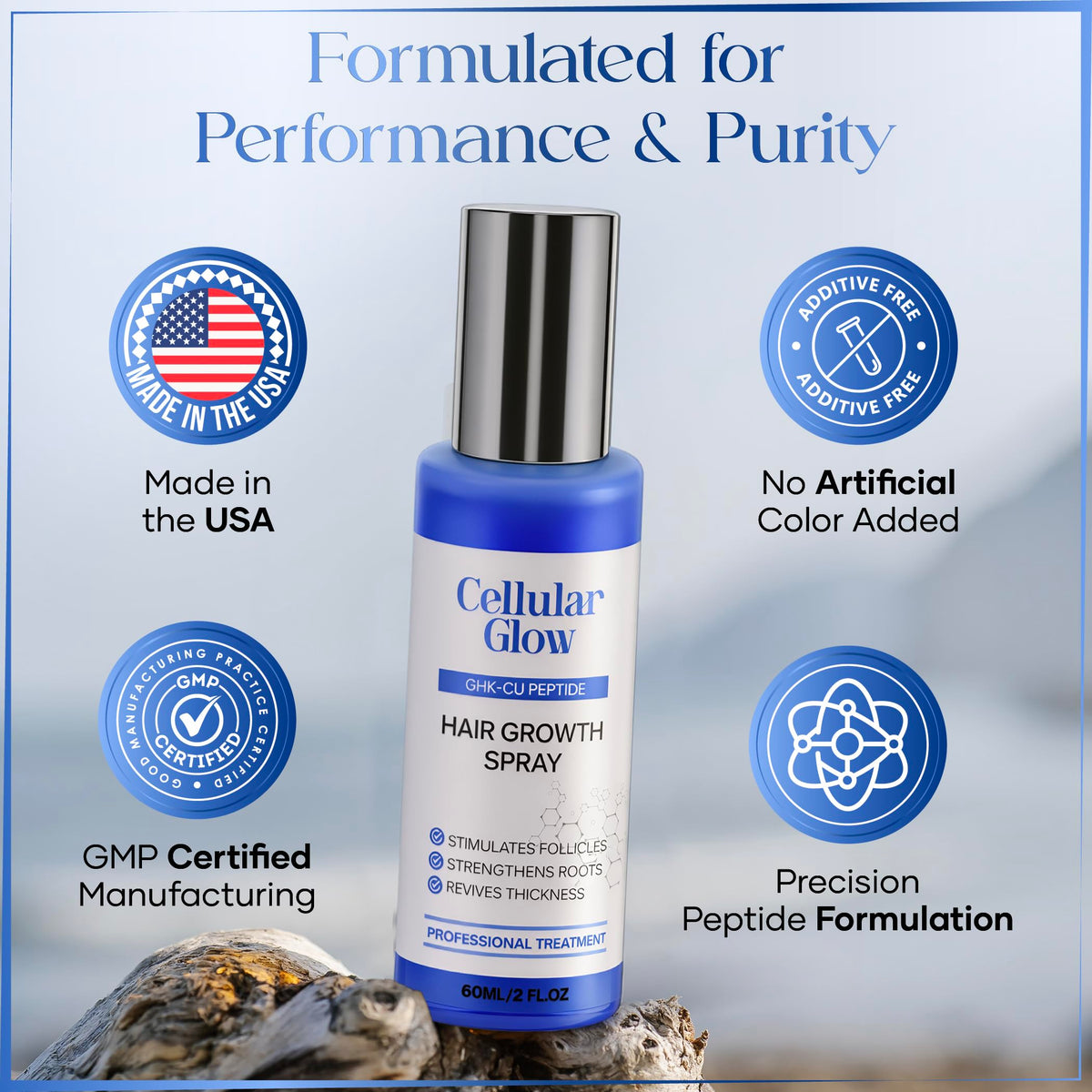 Cellular Glow Copper Peptide Spray on scalp distributes evenly for styling.