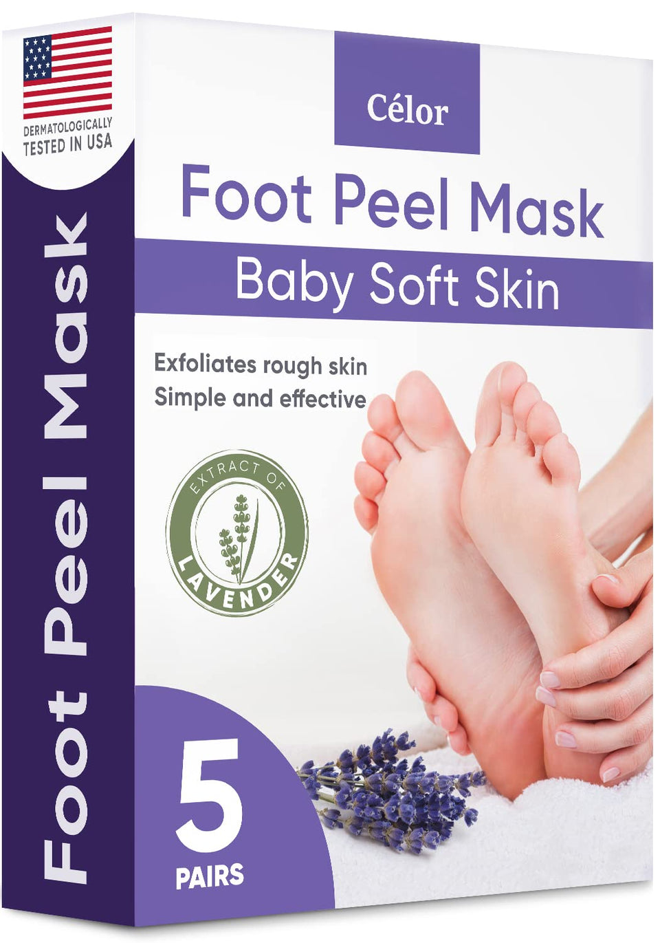 CÉLOR Foot Peeling Mask lavender booties on feet for at-home exfoliation.
