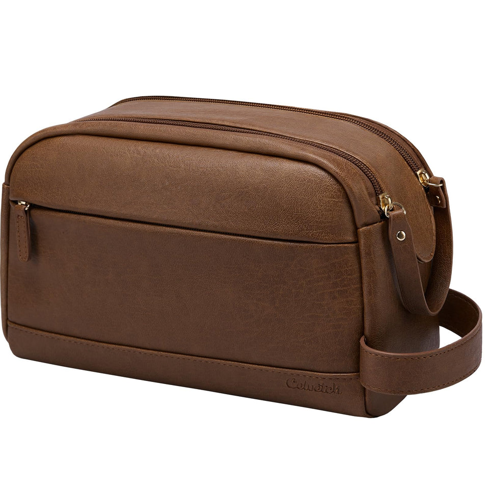 Celvetch brown PU leather toiletry bag with wide opening for easy packing