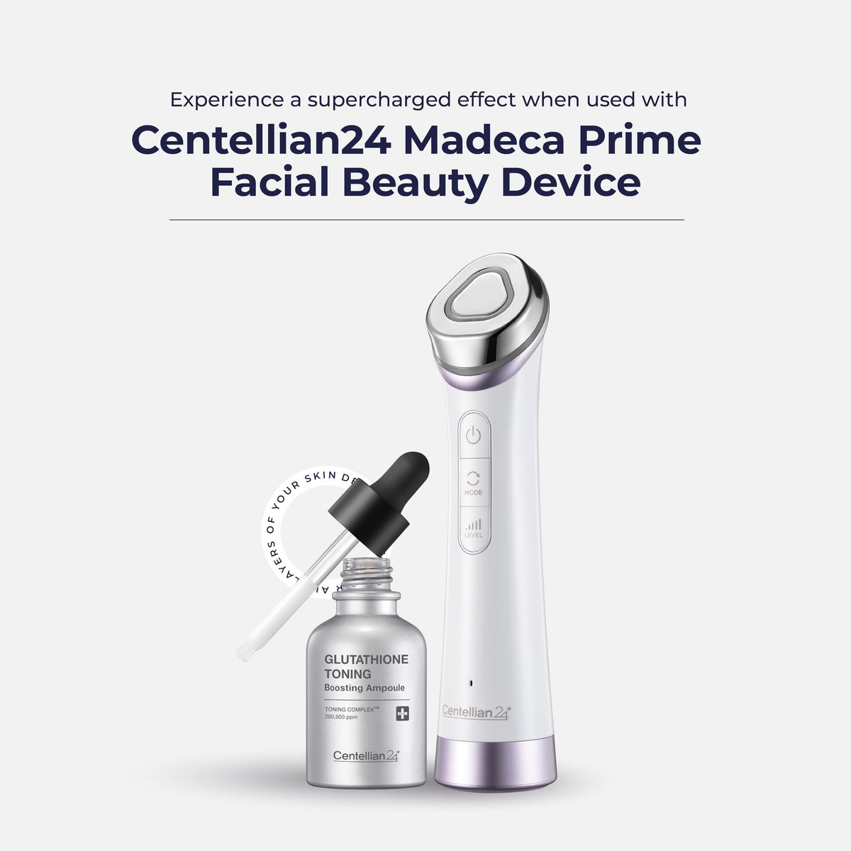 CENTELLIAN 24 glutathione-toning ampoule vial closeup showing glass bottle and dropper for precise application.