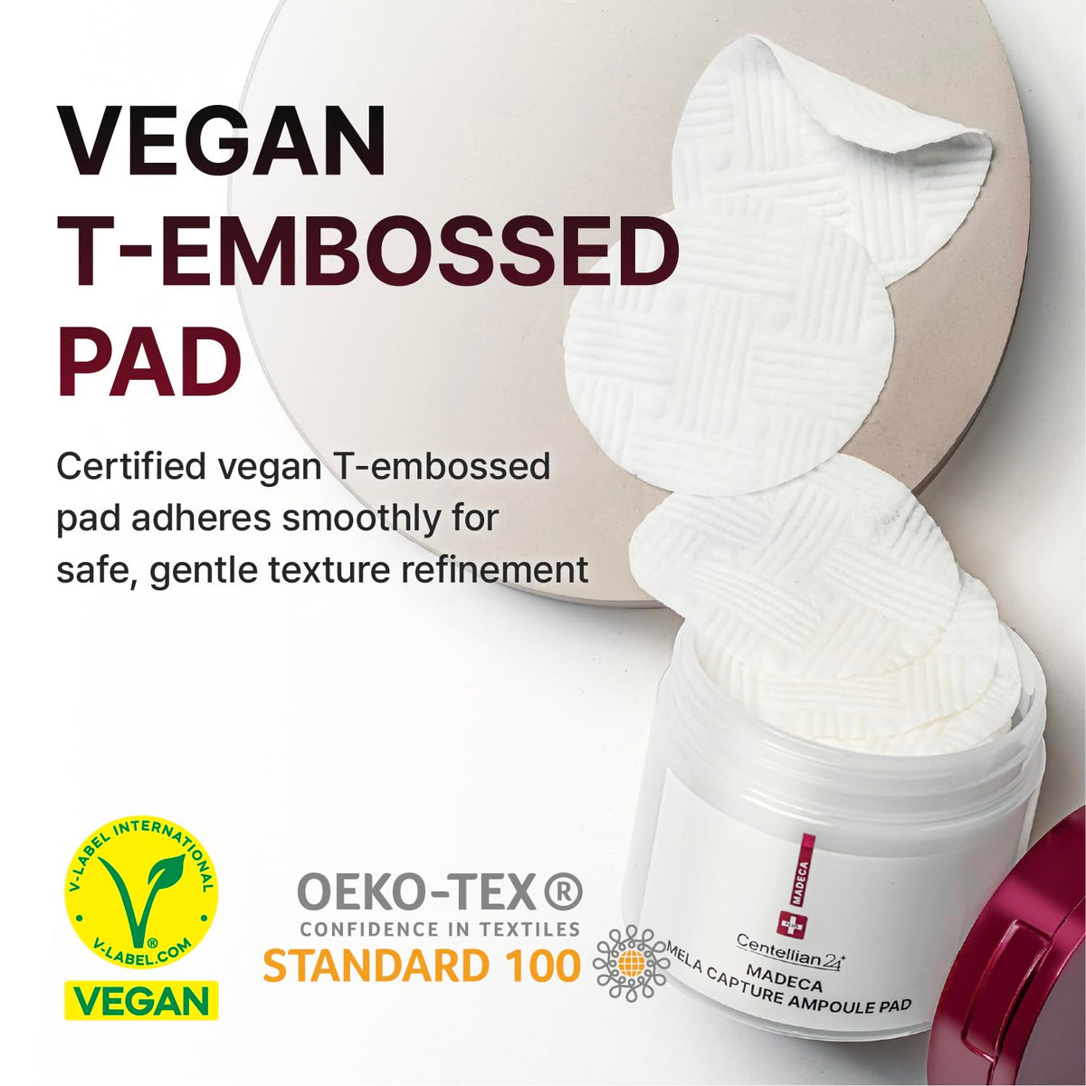 Vegan-certified Centellian 24 Madeca Mela Capture Pad packaging label.