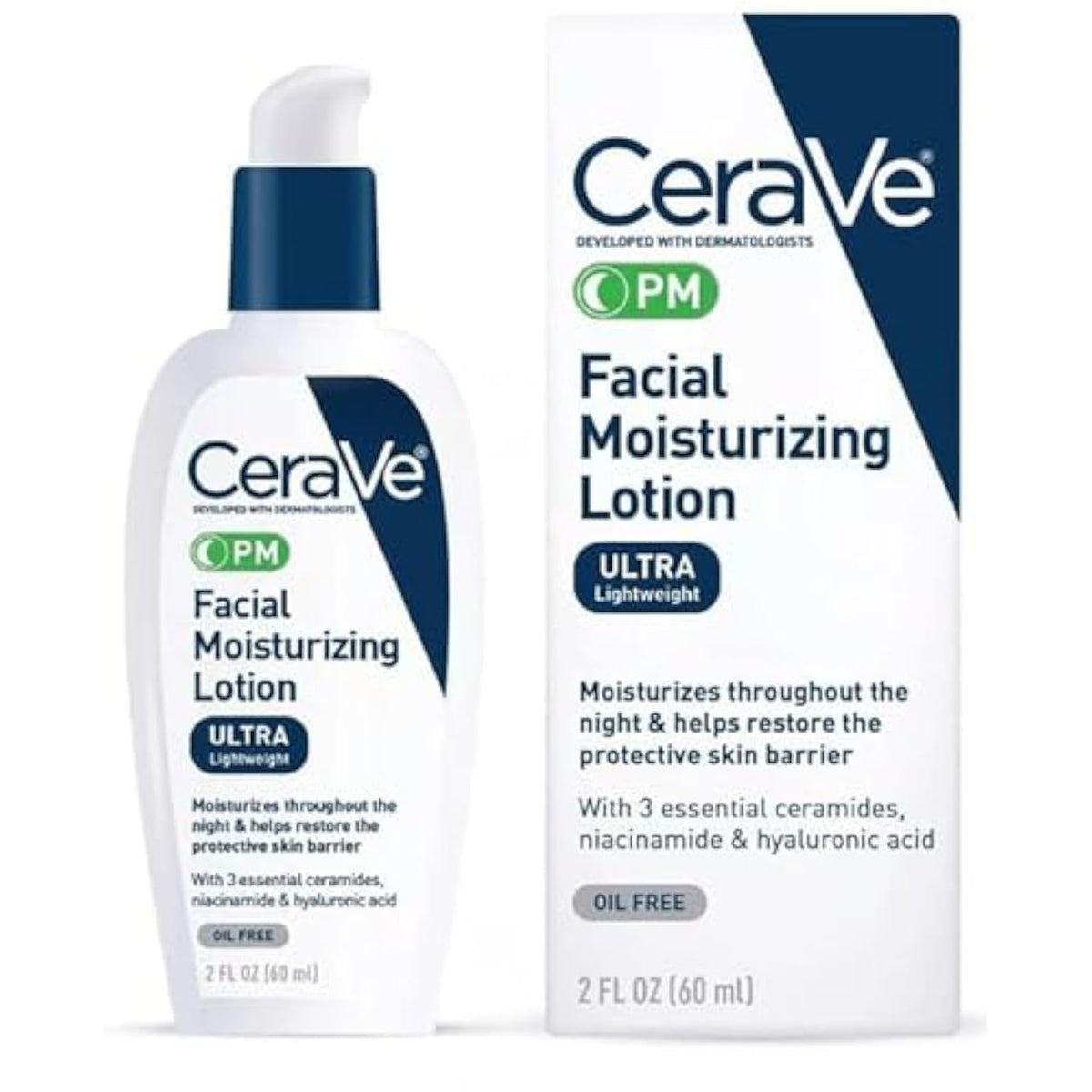 Cerave PM facial moisturizing lotion bottle for overnight hydration and barrier support.