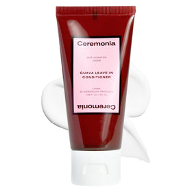 Ceremonia Guava Leave-In bottle close-up highlights deep hydration for dry hair.
