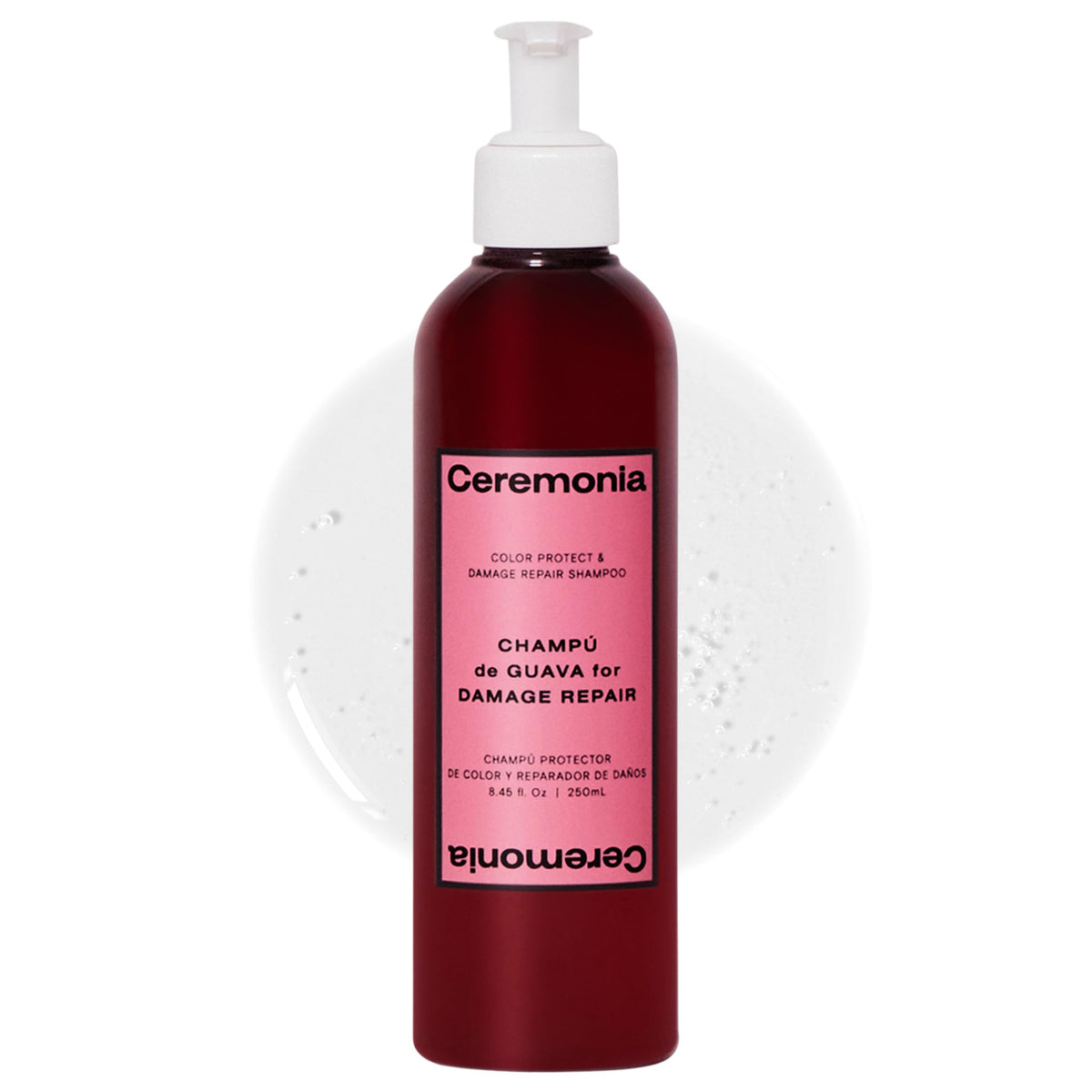 Ceremonia Guava Protect & Repair Shampoo bottle shows color-safe care with UV defense.