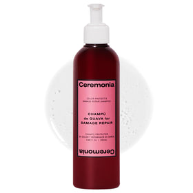 Ceremonia Guava Protect & Repair Shampoo bottle shows color-safe care with UV defense.