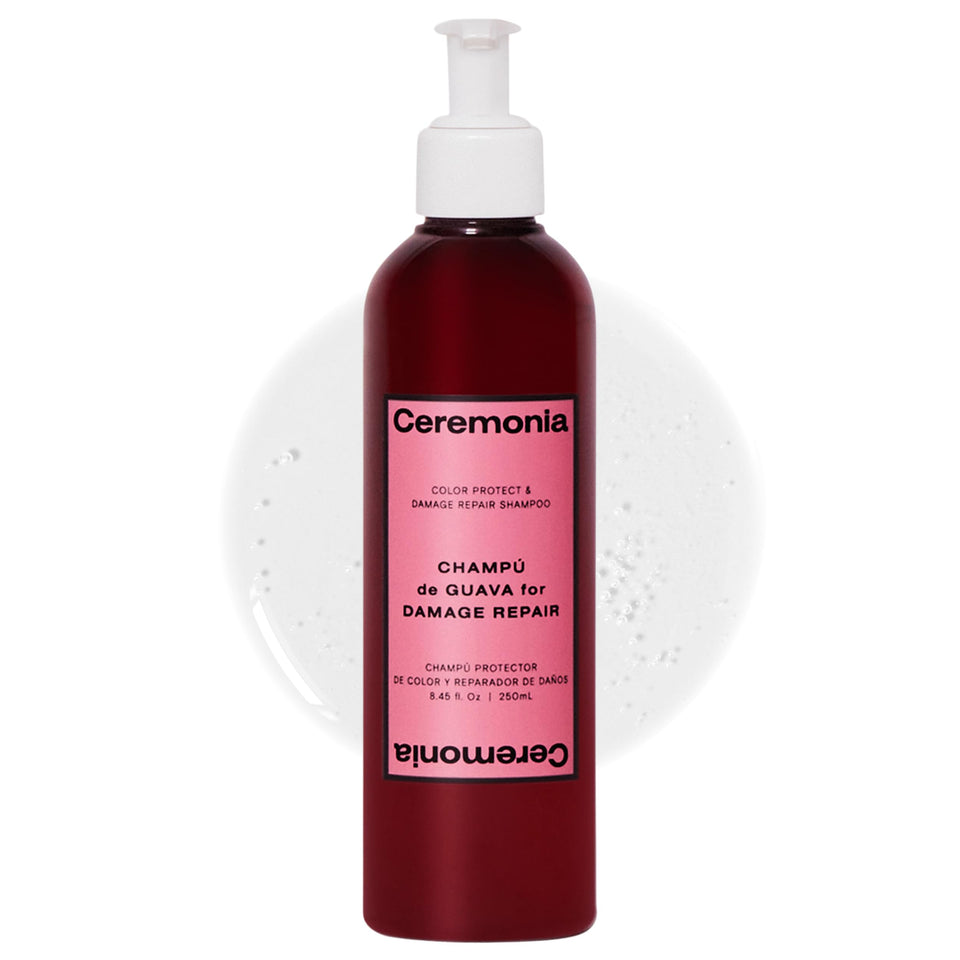 Ceremonia Guava Protect & Repair Shampoo bottle shows color-safe care with UV defense.