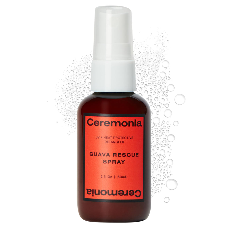 Ceremonia Guava Rescue Spray bottle demonstrating detangling and conditioning.