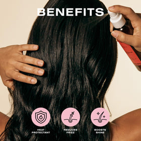 Ceremonia Guava Rescue Spray applying heat protection up to 450F on styled ends.