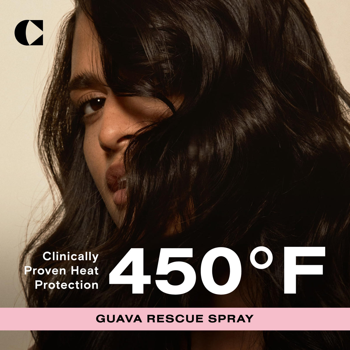 Ceremonia Guava Rescue Spray mist mid-air showing even coverage and easy styling.