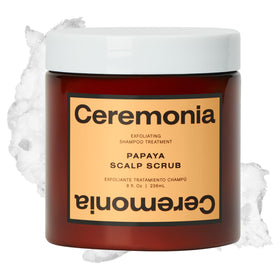 Ceremonia Papaya Scalp Scrub bottle showing exfoliation action for refreshed scalp