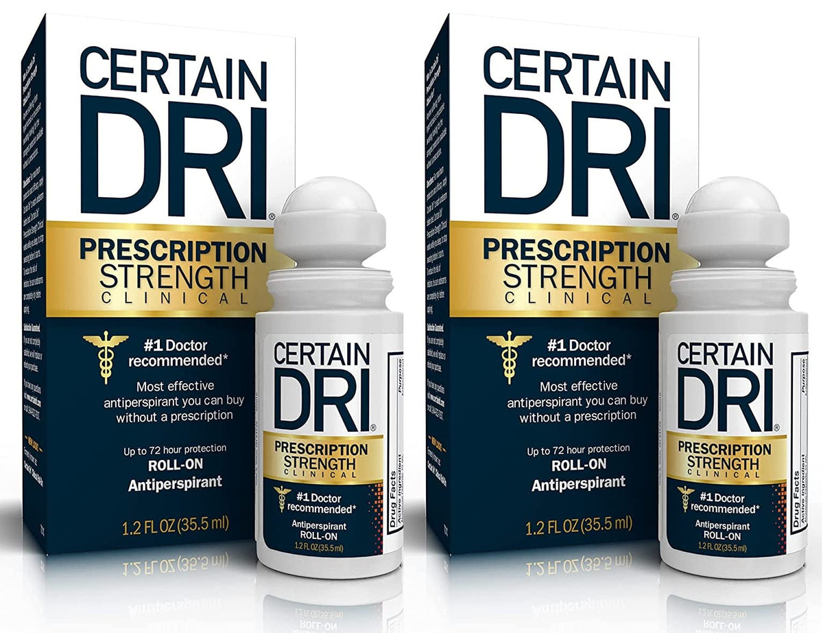 Certain Dri prescription-strength bottle side view for long-lasting protection against excessive sweating.