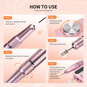Cesekao included drill bits and sanding bands support shaping, buffing, and cuticle work.