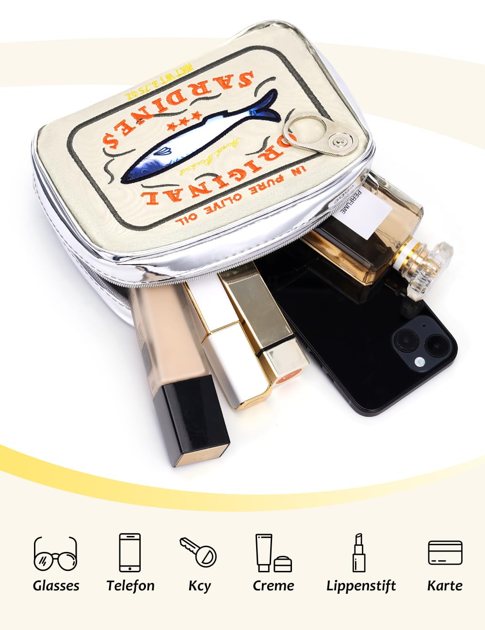 Cessfle makeup bag opened beside brushes shows organized cosmetics.