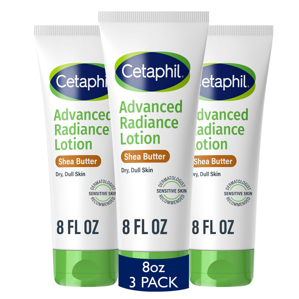 Cetaphil Advanced Radiance Lotion bottle front, fragrance-free packaging for sensitive skin.