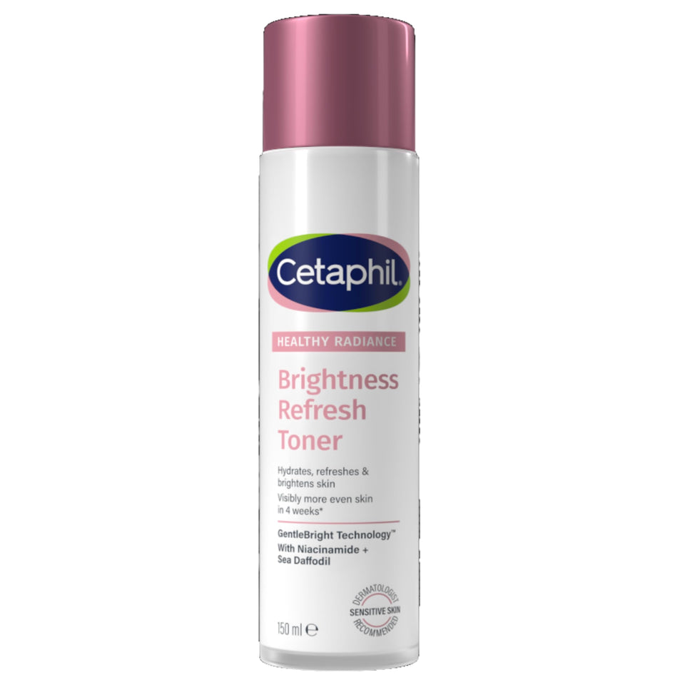 Cetaphil Healthy Radiance Brightness Refresh Toner bottle pouring for gentle hydration and prep.
