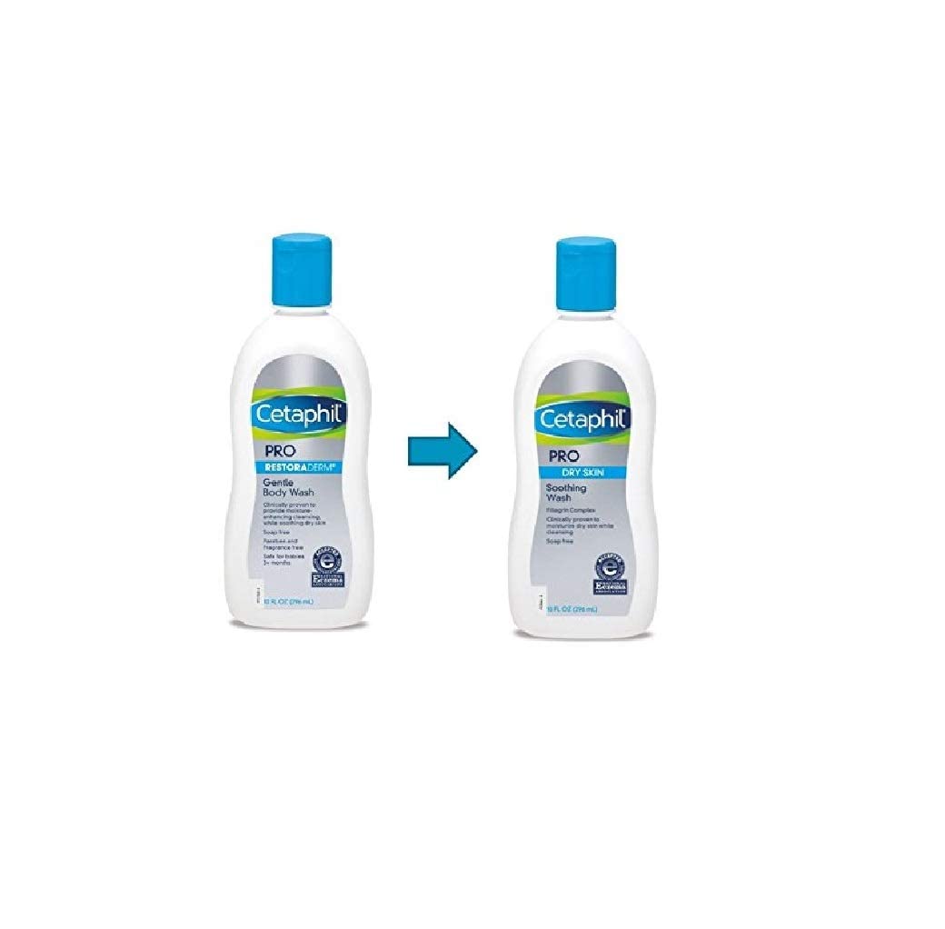 Shower shelf with Cetaphil Restoraderm bottle and droplets, soothing daily cleanse.