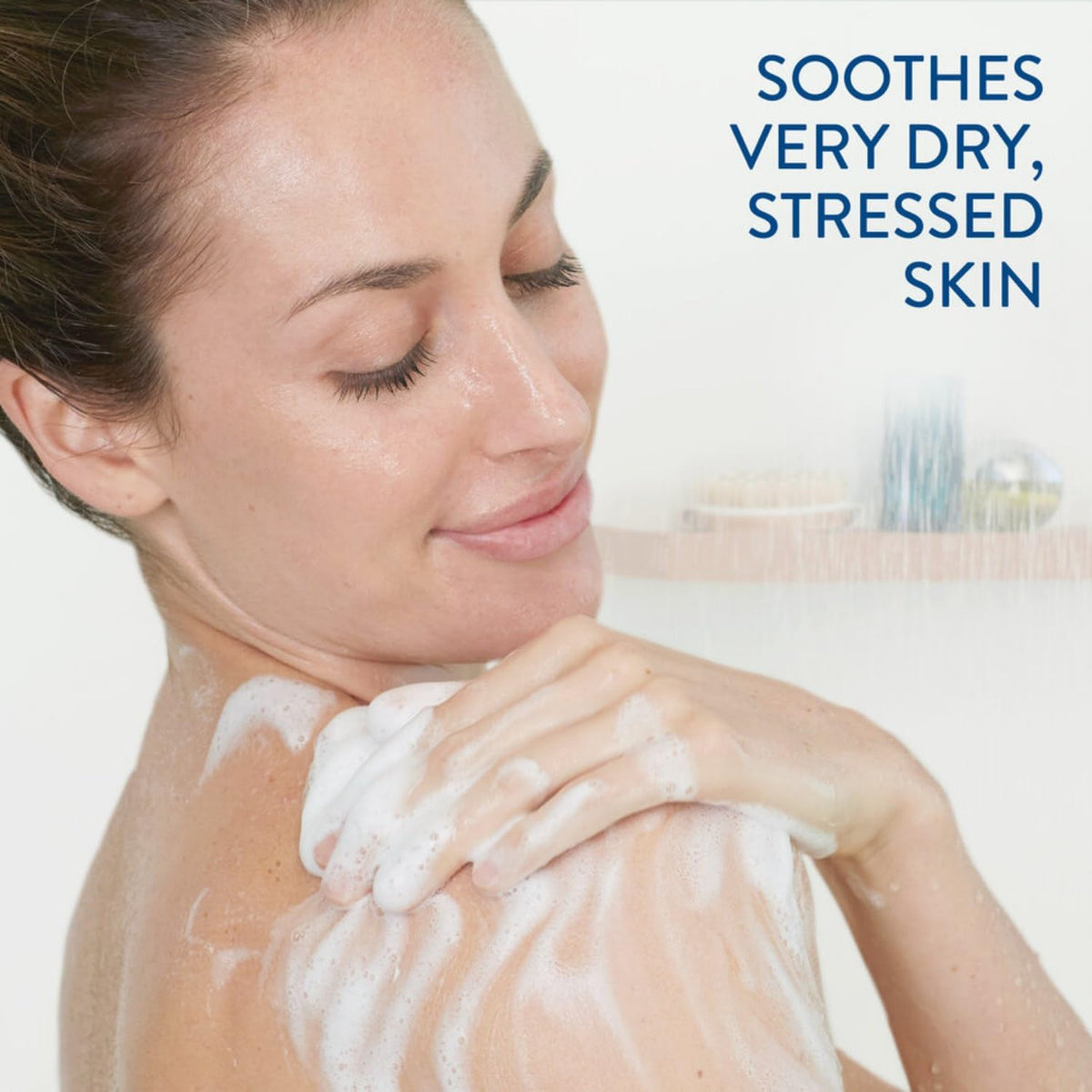 Close-up of Cetaphil RestoraDerm packaging, dermatologist-tested for sensitive skin.