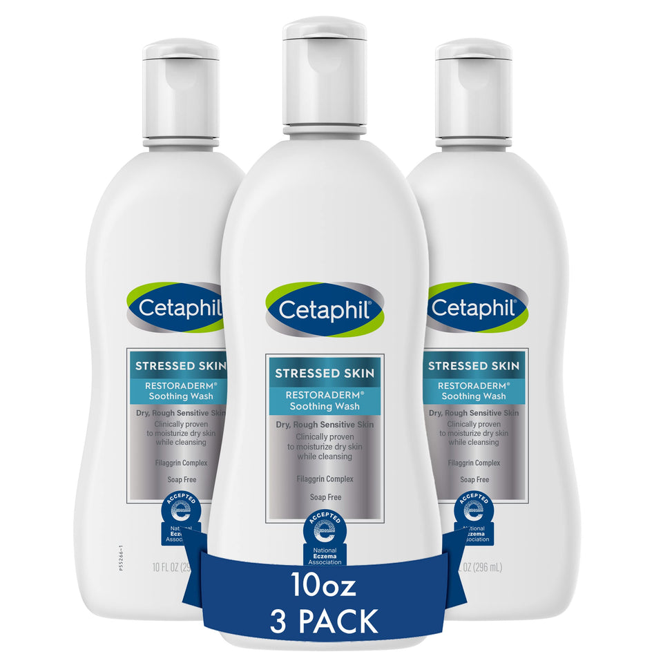 Cetaphil Restoraderm Soothing Wash bottle for sensitive, dry skin with gentle cleanse.