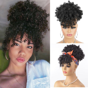 Cetiq Afro Puff drawstring ponytail with bangs for 1B offers fast, natural-looking transformation.