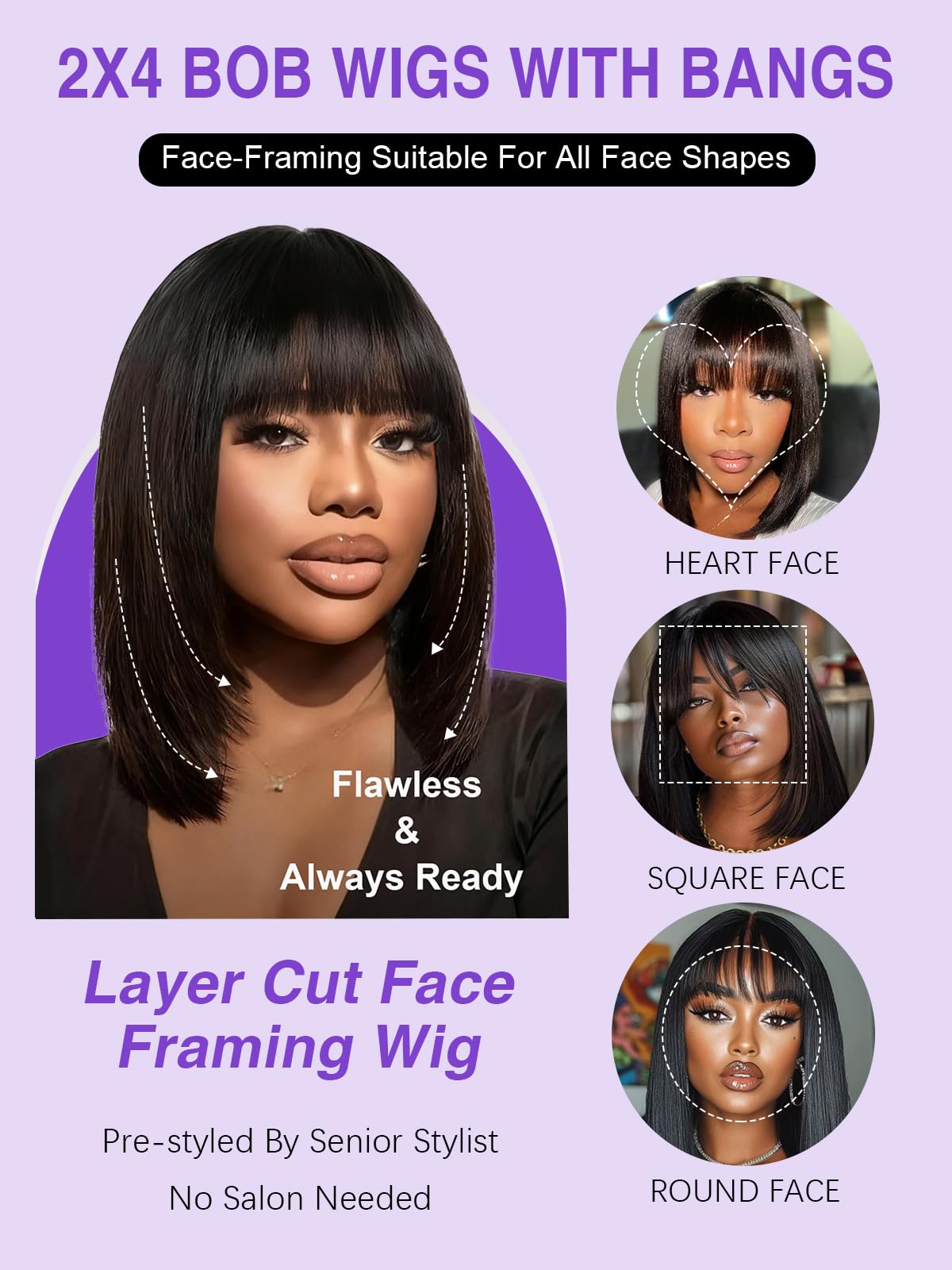 Cecycocy side-swept bangs on a short bob add versatile elegance.