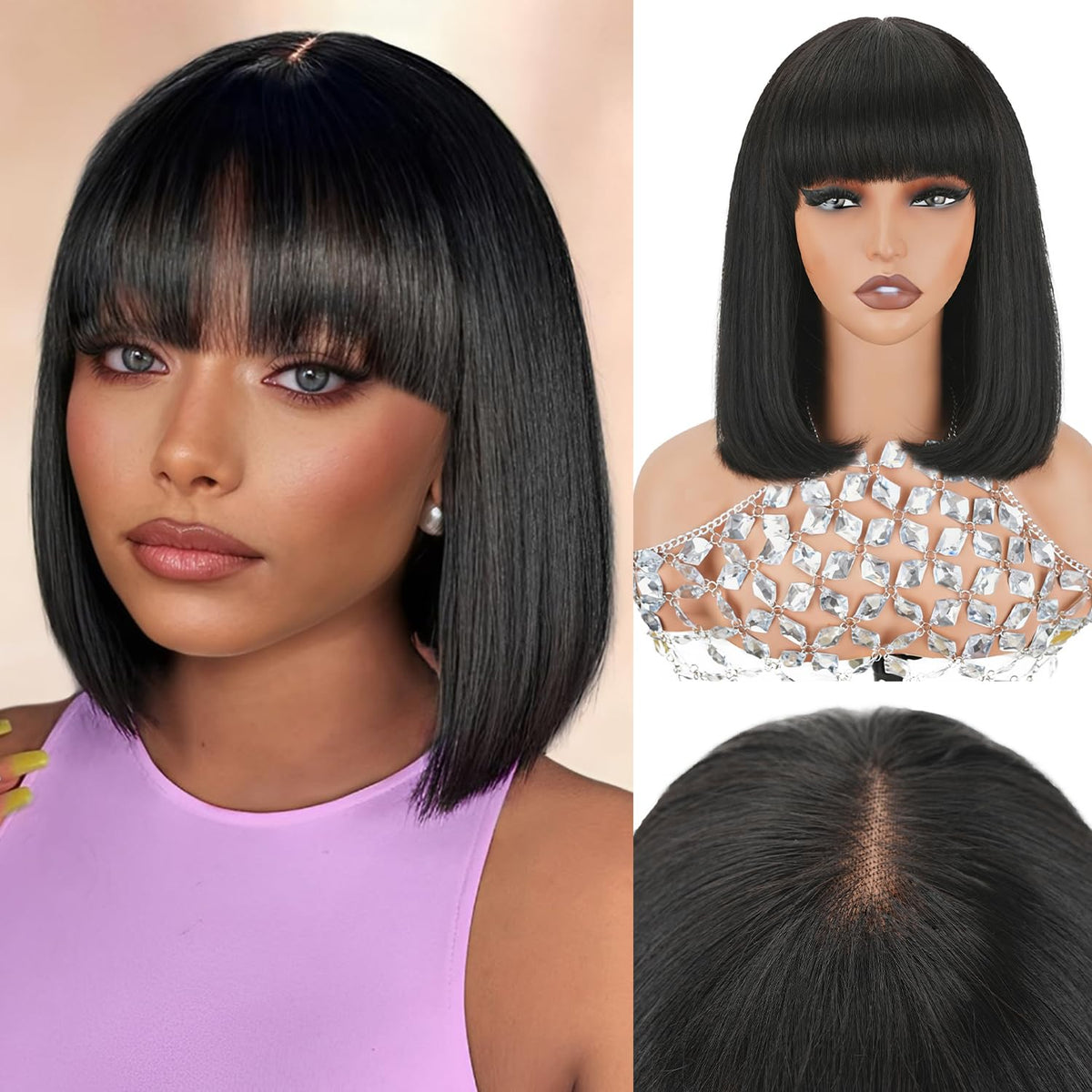 Cecycocy straight bob wig with bangs, natural black, ready to wear.
