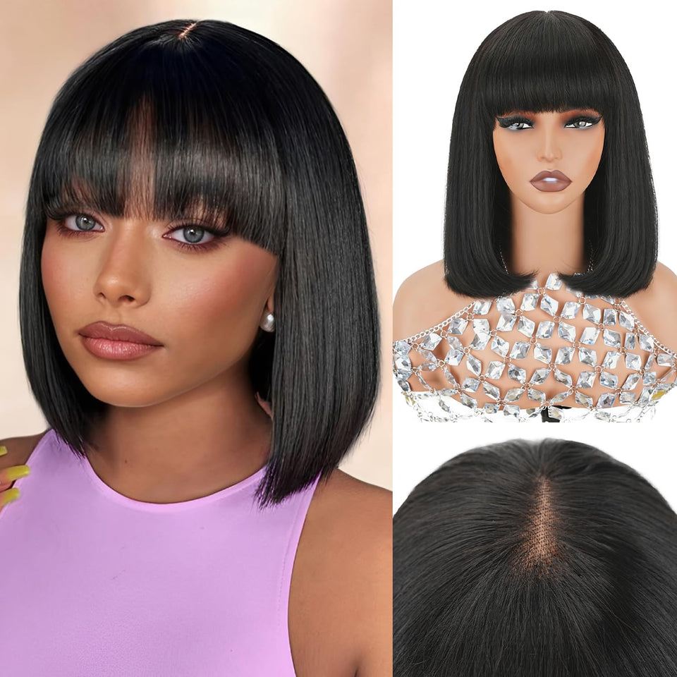 Cecycocy straight bob wig with bangs, natural black, ready to wear.