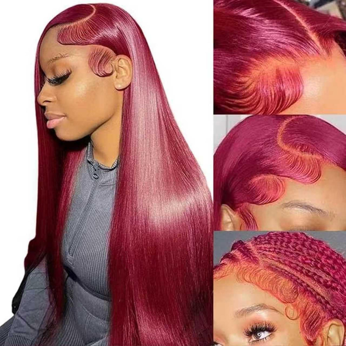 CFY Burgundy Wig 13x6 HD lace closeup shows seamless blend and breathable cap.