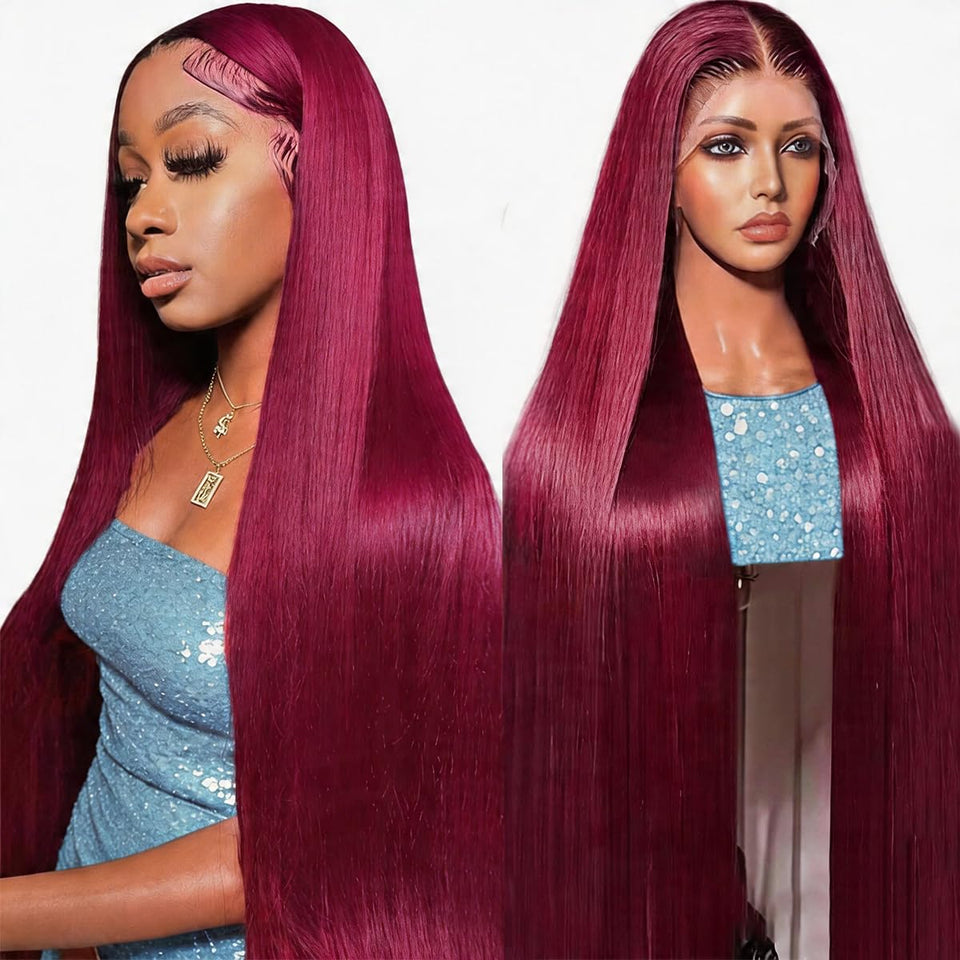 CFY Burgundy Wig 32inch front view highlights natural hairline for a dramatic, long-lasting style.