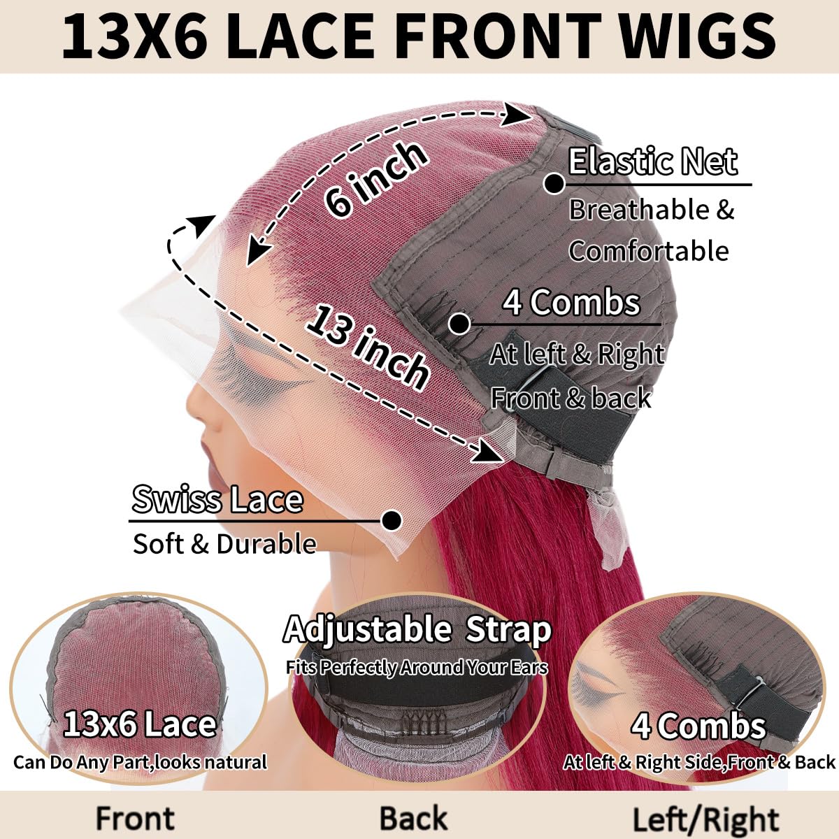 CFY Burgundy Wig pre-plucked baby hair detail supports easy, natural styling.