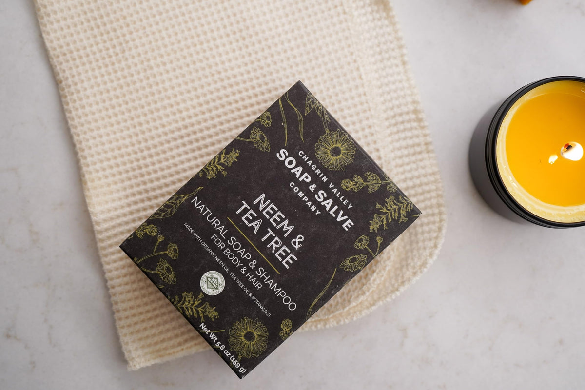 Chagrin Valley Neem & Tea Tree soap bar in a tidy bathroom setup.