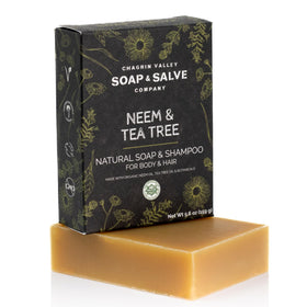 Chagrin Valley Neem & Tea Tree soap bar front view for clean skin and hair.