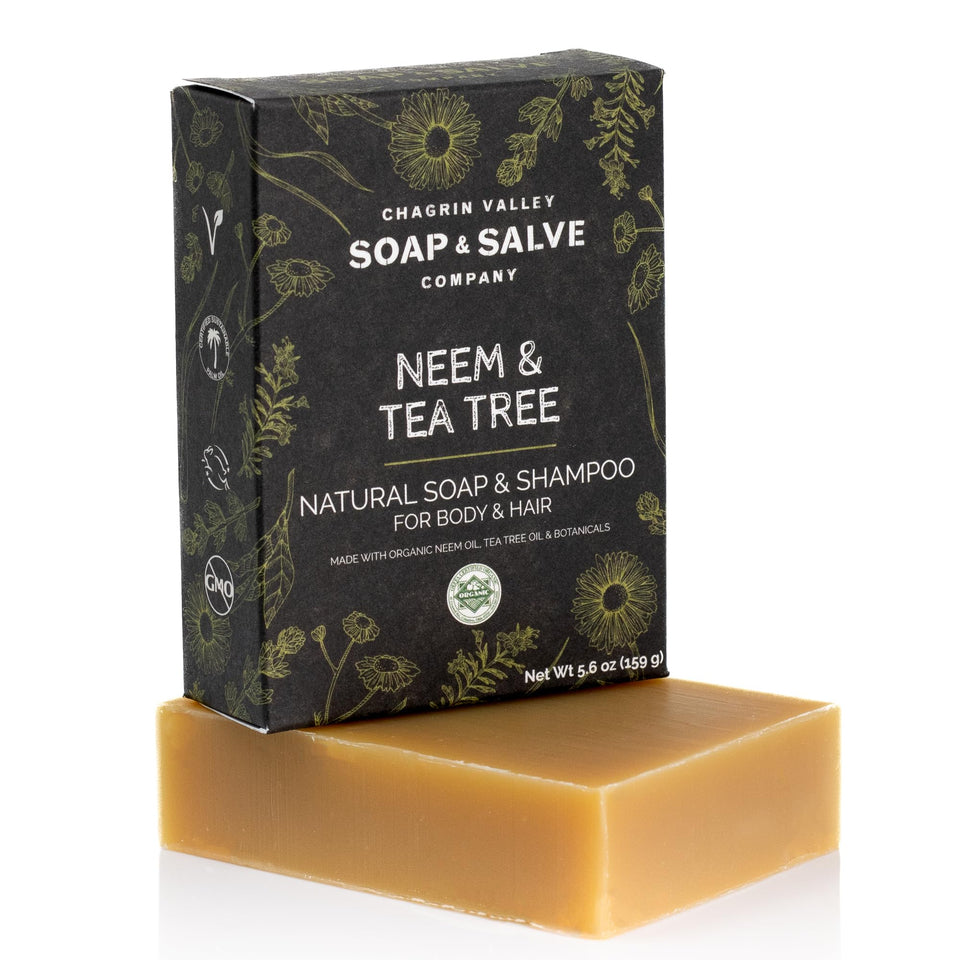 Chagrin Valley Neem & Tea Tree soap bar front view for clean skin and hair.