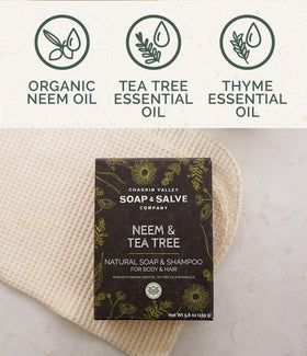 Ingredients display of Chagrin Valley Neem & Tea Tree soap bar highlighting organic components.