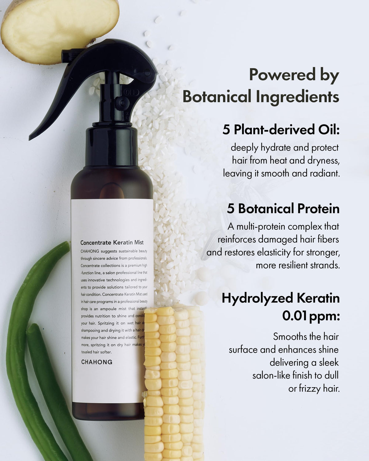 CHAHONG Keratin Hair Repair Mist bottle close-up highlights nourishing plant oils.