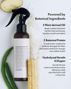 CHAHONG Keratin Hair Repair Mist bottle close-up highlights nourishing plant oils.