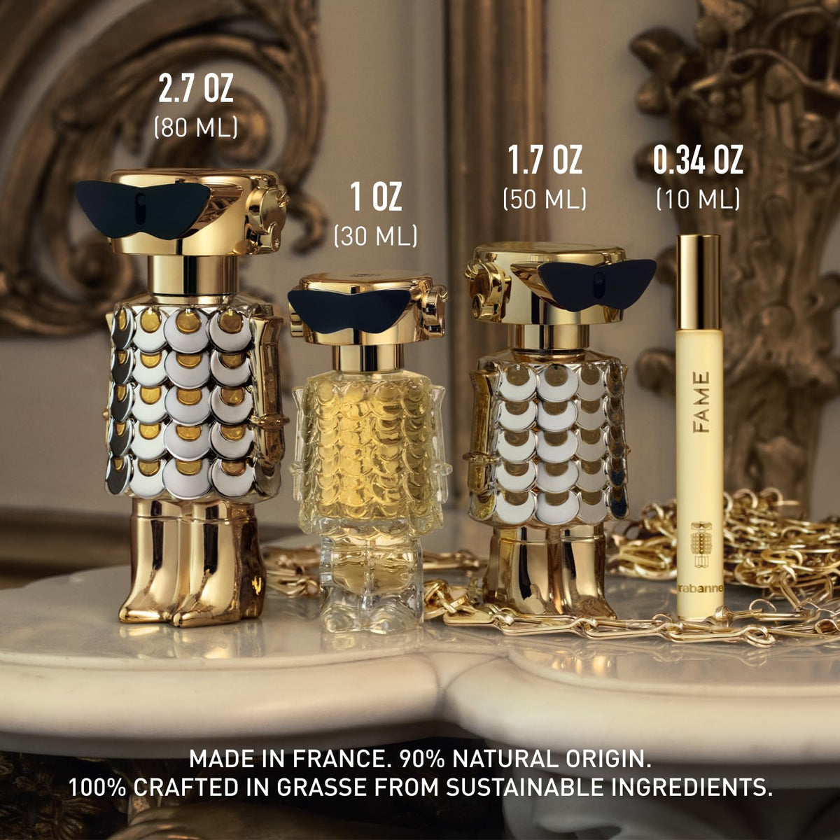 Chainmail-inspired flacon design nods to Rabanne heritage.