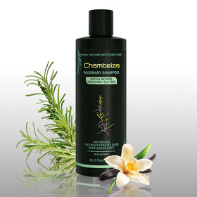 Chambelza rosemary hair growth shampoo bottle showing the product and branding for stronger hair.