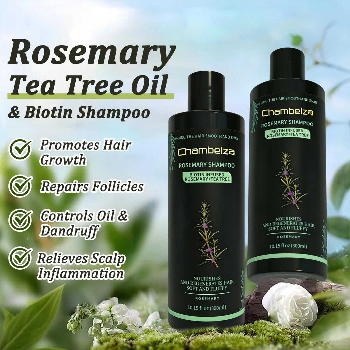 Chambelza rosemary shampoo being poured to show a smooth, gentle cleansing action.
