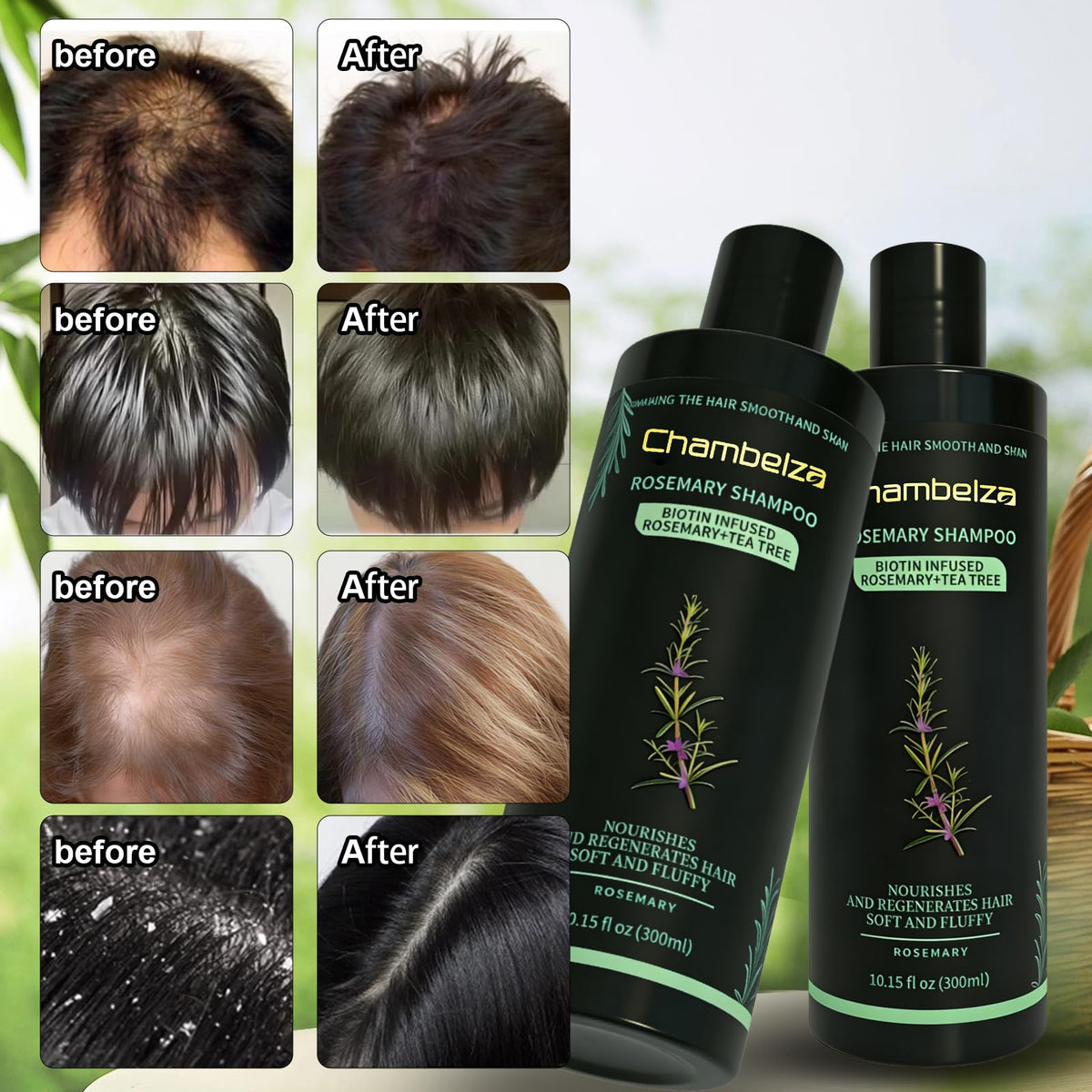 Chambelza rosemary hair strands close-up illustrating reduced breakage and resilience.