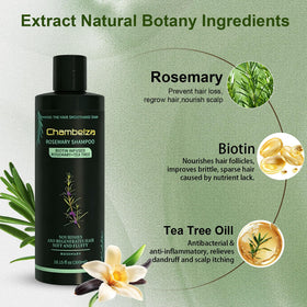 Chambelza rosemary shampoo label close-up highlighting natural biotin and keratin benefits.