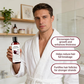Champu Excalvo red onion extract highlights revitalizing hair care.