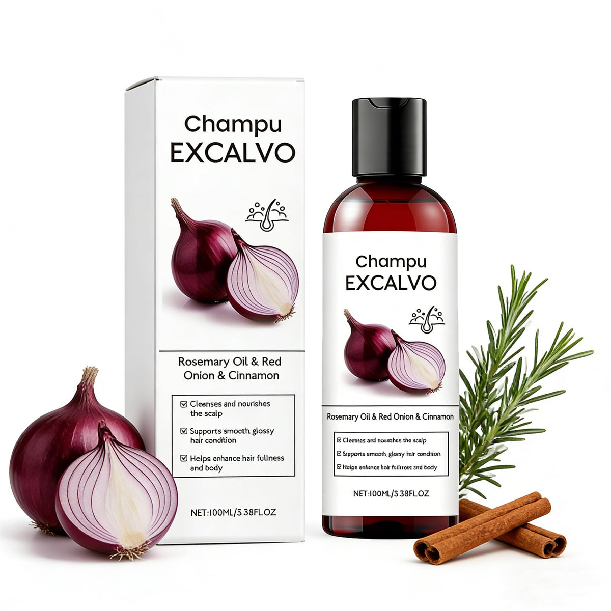 Champu Excalvo rosemary oil bottle signaling nourishing scalp care.