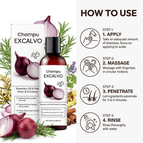 Champu Excalvo shower routine image suggests easy wash and rinse.