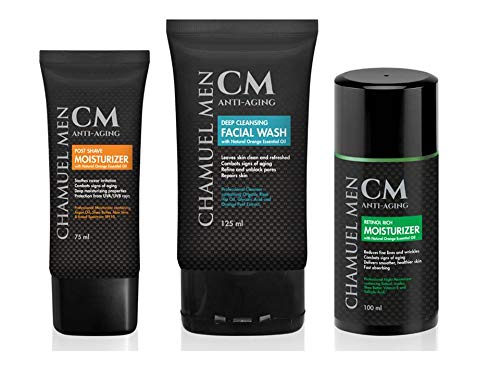 CHAMUEL MEN overnight-care scene shows glassy skin and relaxed expression.