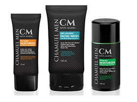 CHAMUEL MEN overnight-care scene shows glassy skin and relaxed expression.