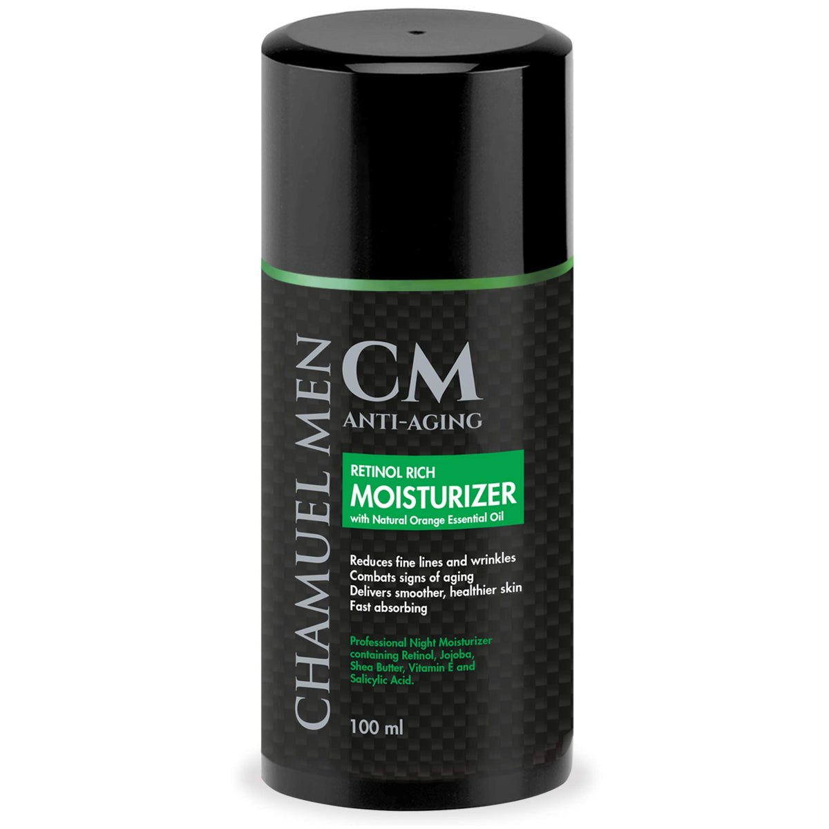 CHAMUEL MEN Daily Face Cream retinol bottle targets fine lines for smoother skin.