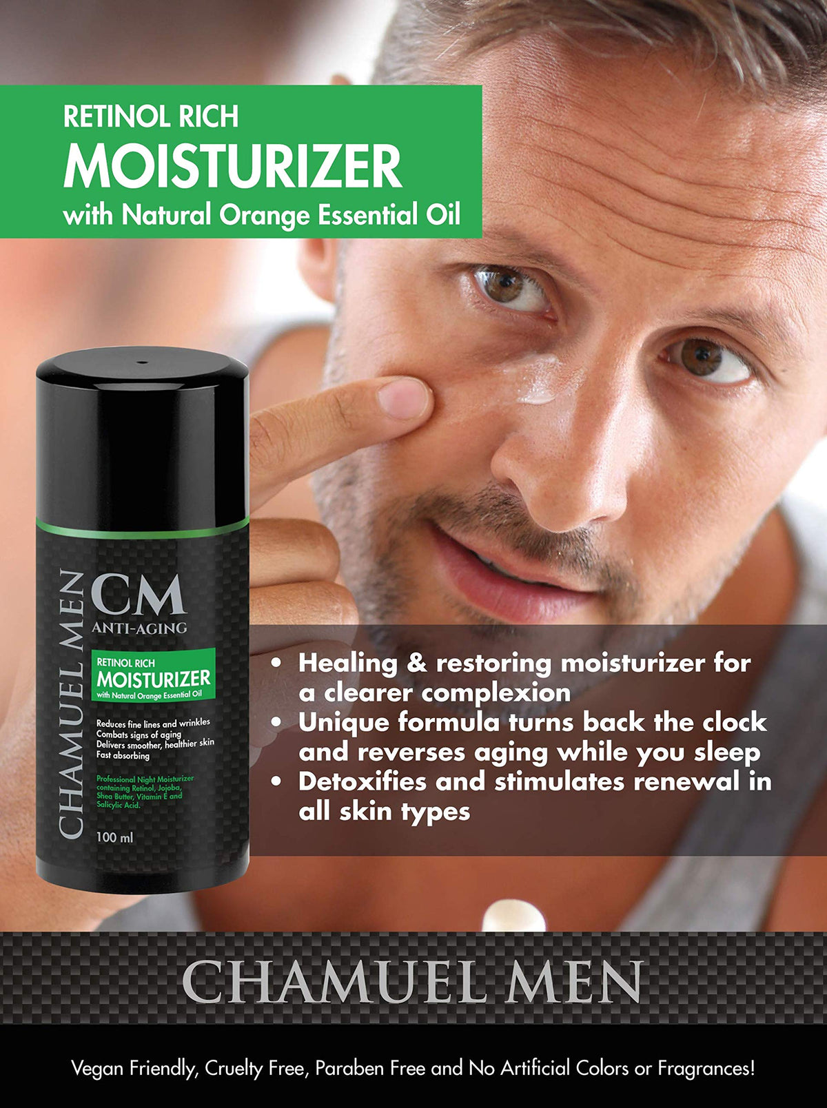 CHAMUEL MEN jojoba and shea oil infusion conveys nourishing skin restoration.